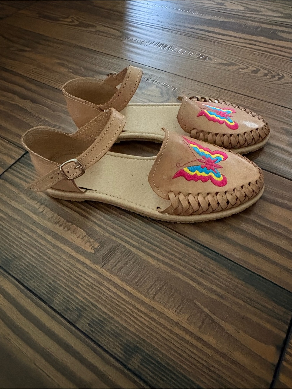 Tan Leather Embroidered Butterfly Sandals